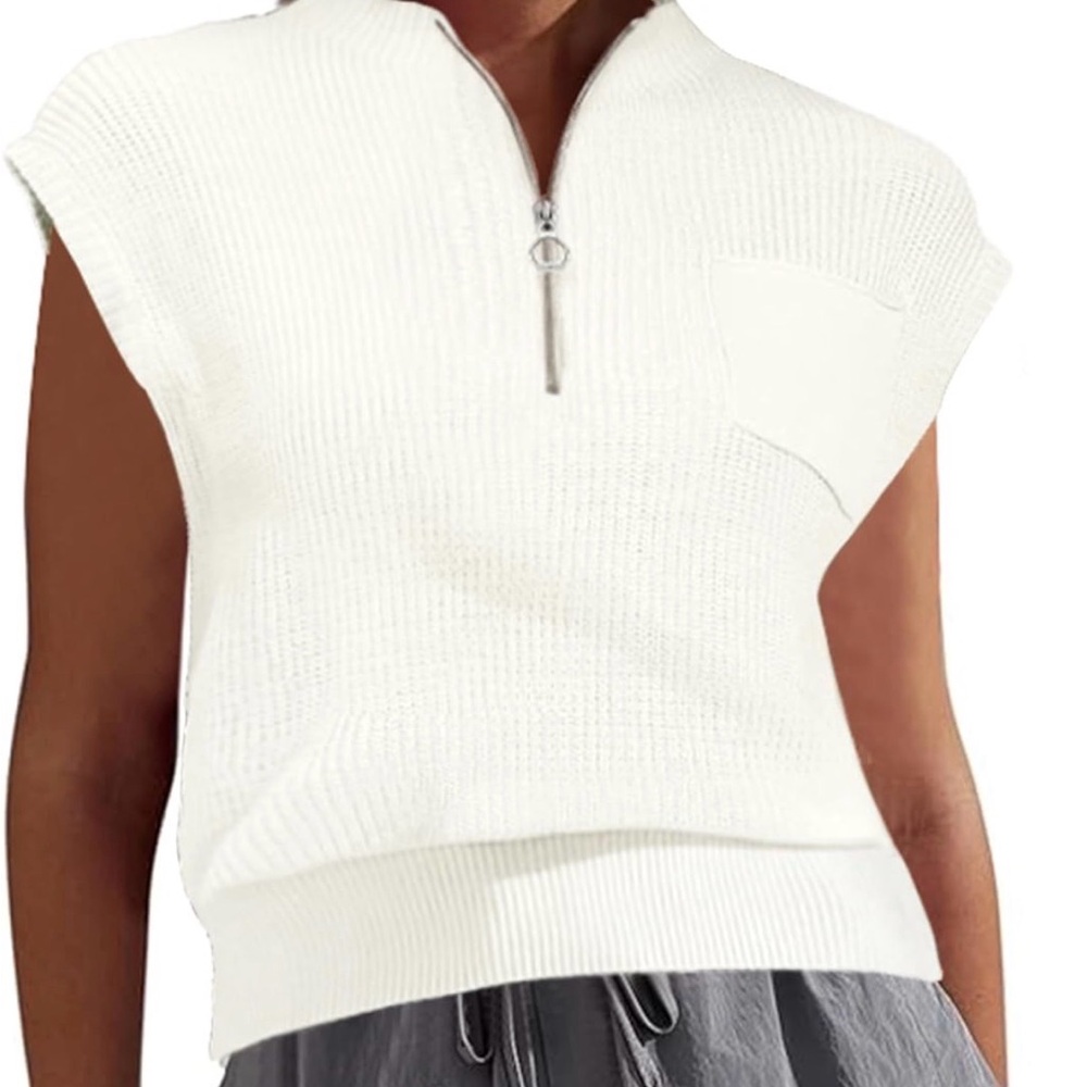 White Sleeveless Zip-Up Top